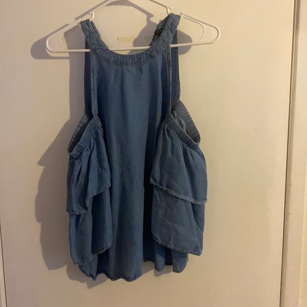 Jean, open shoulder blouse.